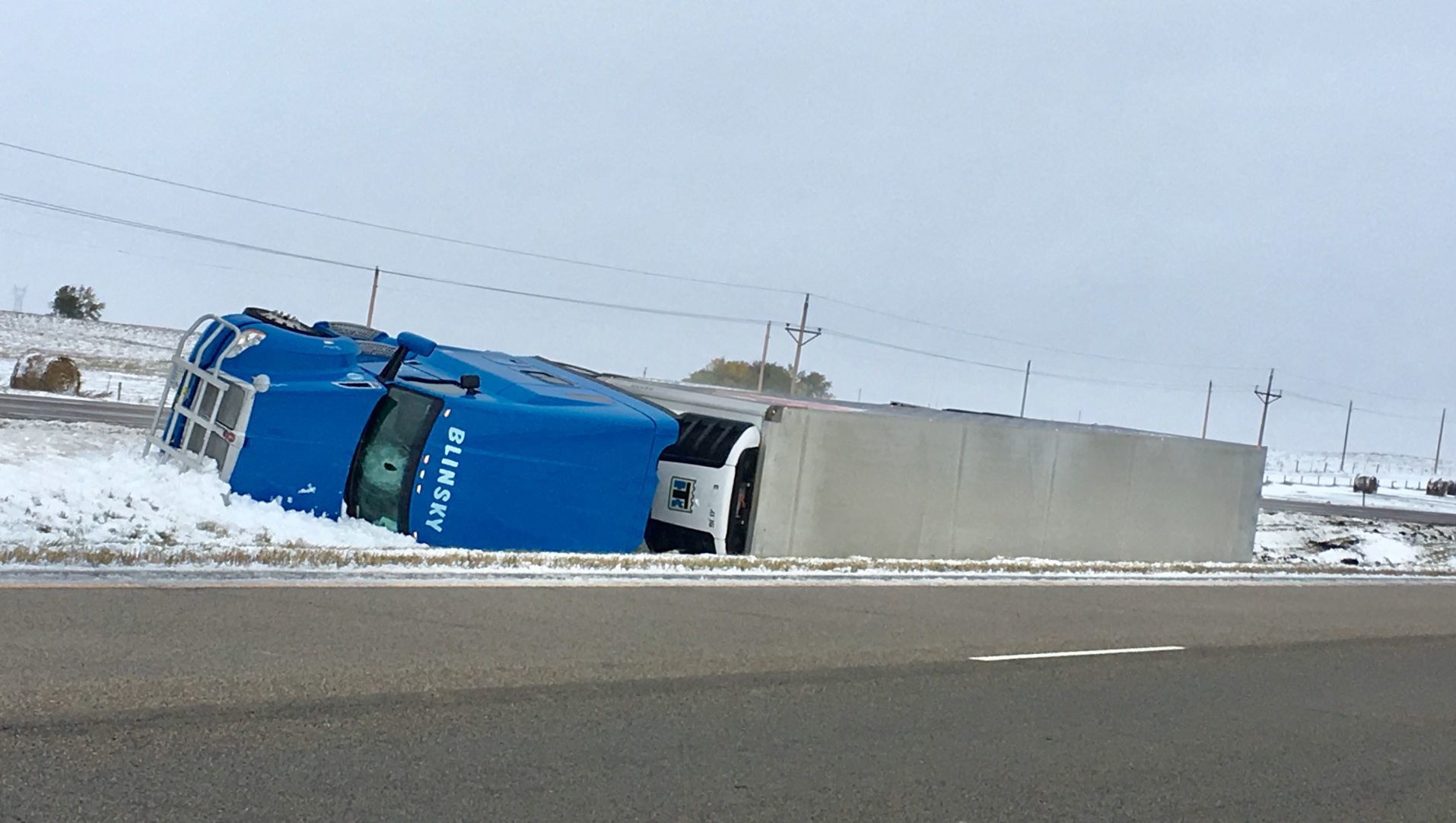 Semitrailer on its side